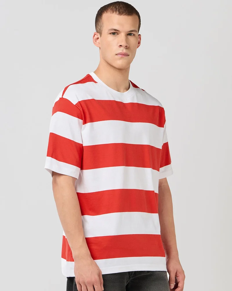 bewakoof Men's Red & White Striped Oversized T-shirt
